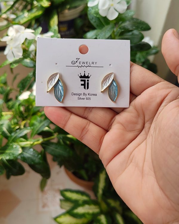 Blue Enamel Leaf Stud Earrings - Sira Elegance