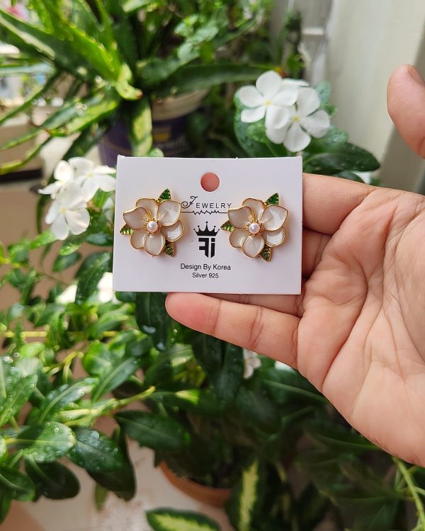 Ivory Camellia Pearl Stud Earrings - Sira Elegance