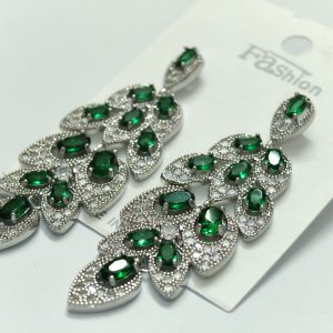 Emerald-green crystal chandelier drop earrings in a silver-tone pavé setting — Sira Elegance