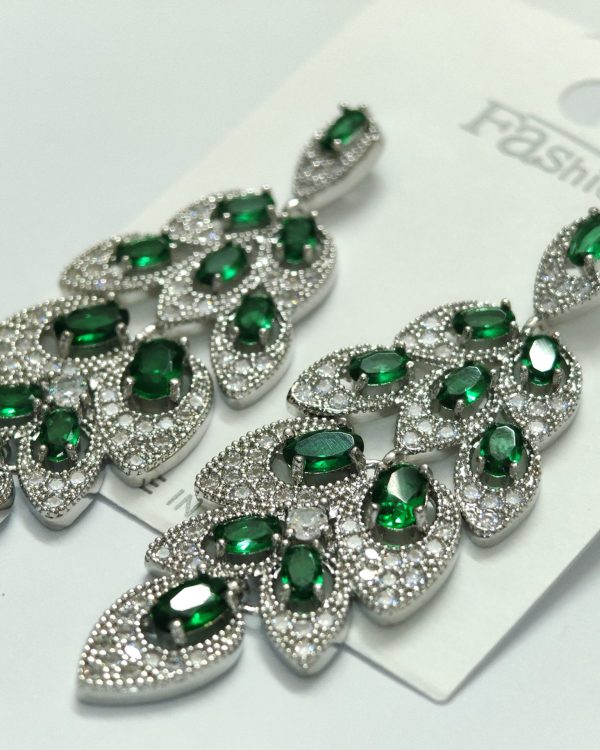 Emerald-green crystal chandelier drop earrings in a silver-tone pavé setting — Sira Elegance