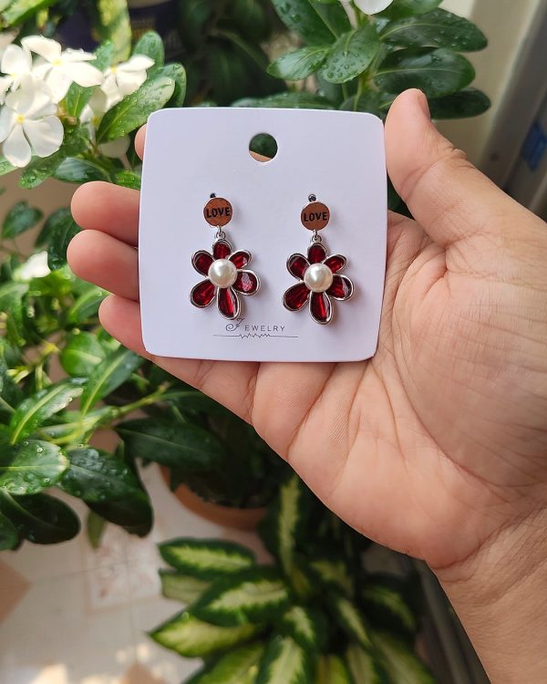 Red Flower Pearl Drop Earrings - Sira Elegance