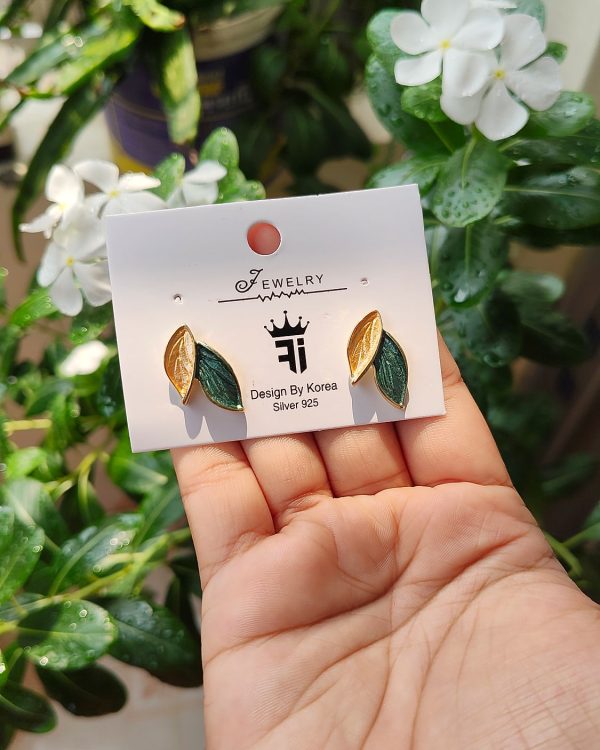 Green Enamel Leaf Stud Earrings - Sira Elegance