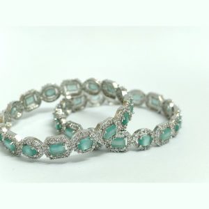 Pair of aqua-stone bangles haloed in pavé crystals, silver-tone — Sira Elegance