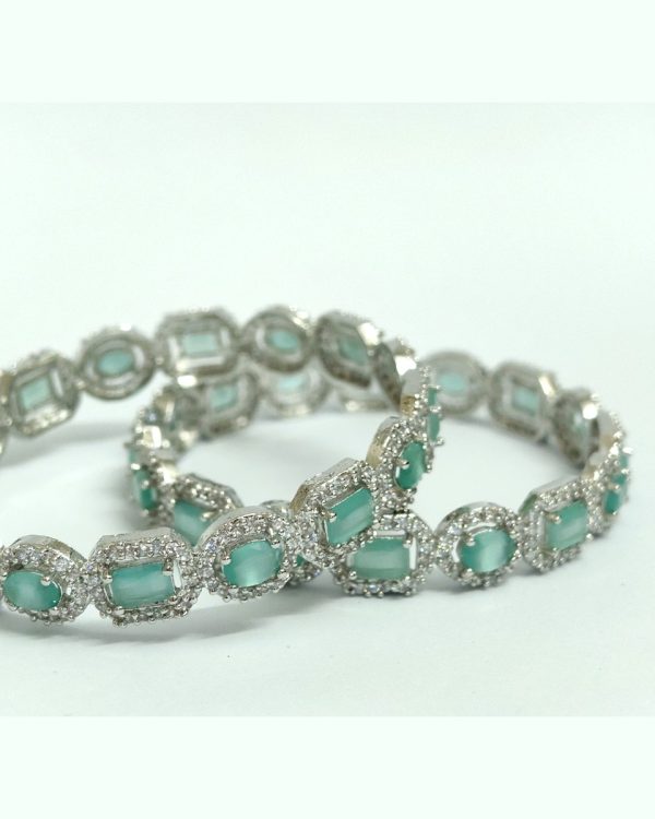 Pair of aqua-stone bangles haloed in pavé crystals, silver-tone — Sira Elegance