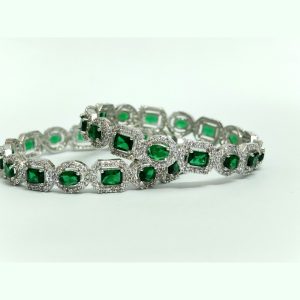 Pair of two-row emerald-green statement bangles in silver-tone — Sira Elegance