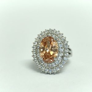 Champagne oval double-halo statement ring in silver-tone — Sira Elegance
