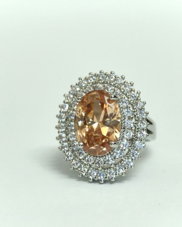 Champagne oval double-halo statement ring in silver-tone — Sira Elegance