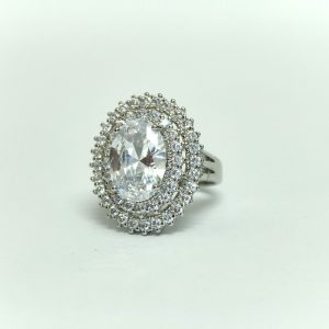 Clear crystal oval double-halo statement ring in silver-tone — Sira Elegance
