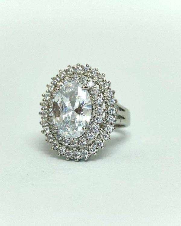 Clear crystal oval double-halo statement ring in silver-tone — Sira Elegance