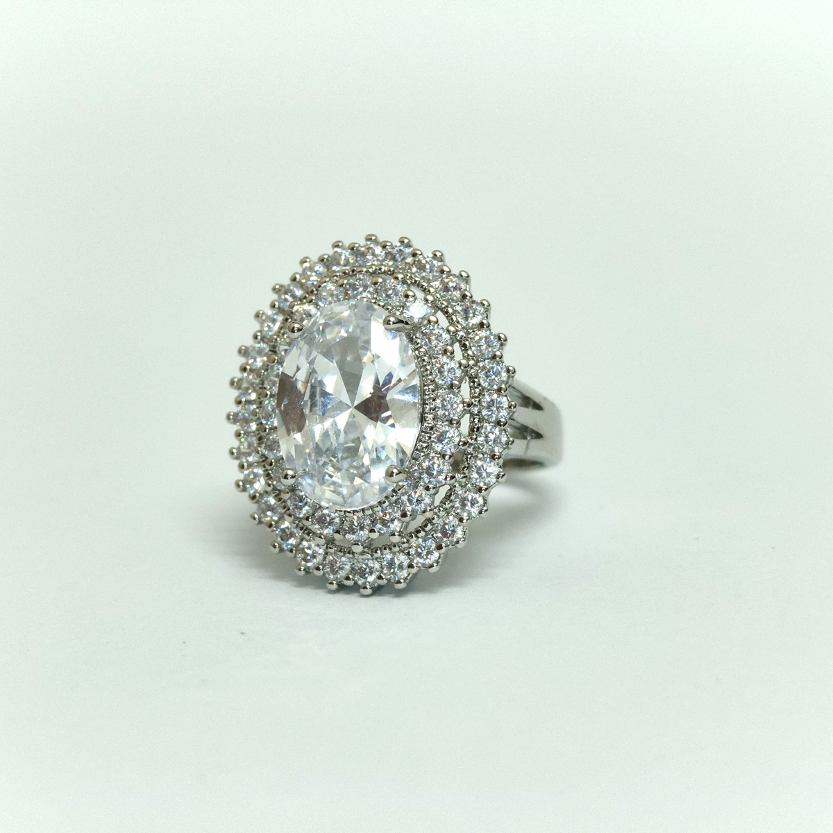 Clear crystal oval double-halo statement ring in silver-tone — Sira Elegance