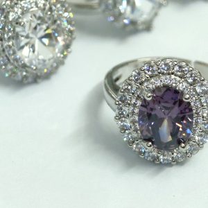 Amethyst-purple round double-halo ring in silver-tone — Sira Elegance