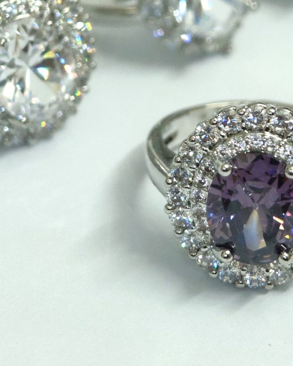 Amethyst-purple round double-halo ring in silver-tone — Sira Elegance