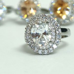 Round crystal double-halo ring in silver-tone — Sira Elegance