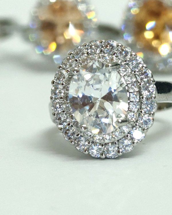 Round crystal double-halo ring in silver-tone — Sira Elegance