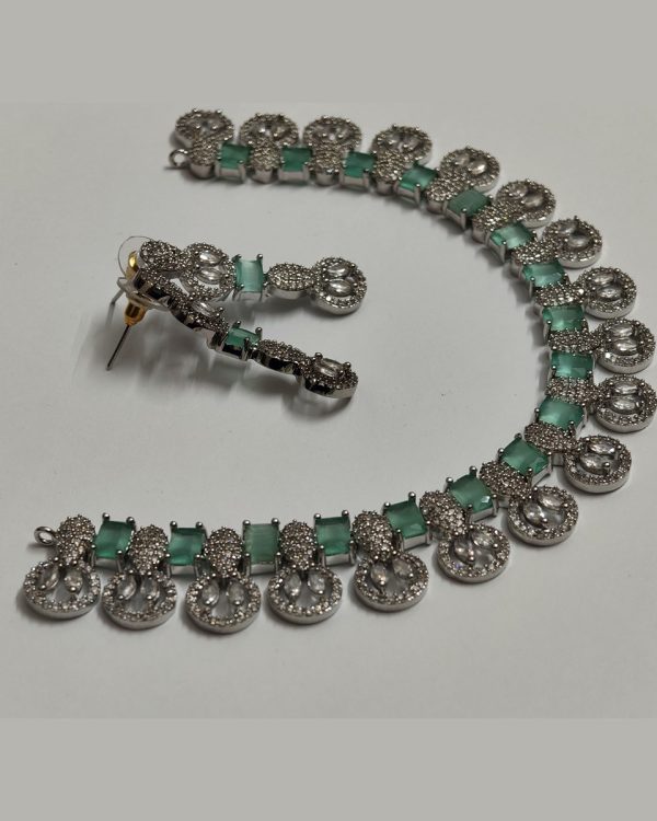 Mint-green necklace with matching earrings, silver-tone set — Sira Elegance
