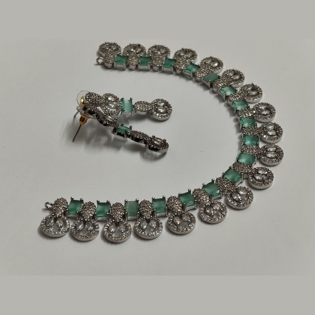 Mint-green necklace with matching earrings, silver-tone set — Sira Elegance