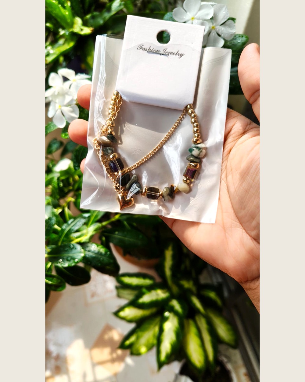 Layered gold-tone bracelet with moss agate chips and a heart charm — Sira Elegance