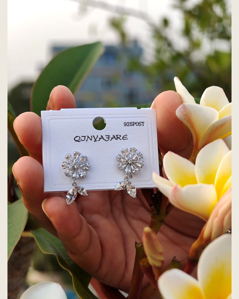 Crystal flower cluster drop earrings on sterling silver posts — Sira Elegance