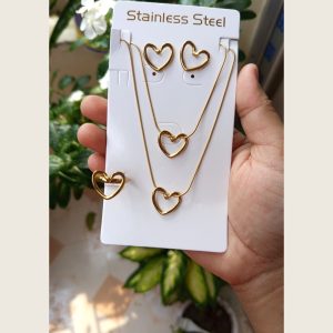 Stainless steel gold heart necklace, earrings and ring set — Sira Elegance