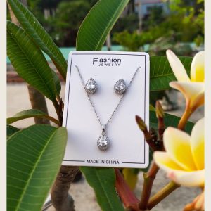 Clear crystal teardrop pendant necklace with matching earrings, silver-tone set — Sira Elegance